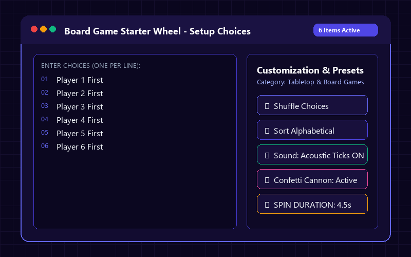 Entering names in Board Game Starter Wheel