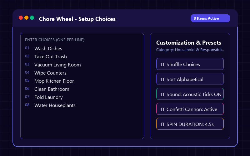 Entering names in Chore Wheel