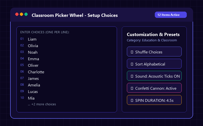 Entering names in Classroom Picker Wheel