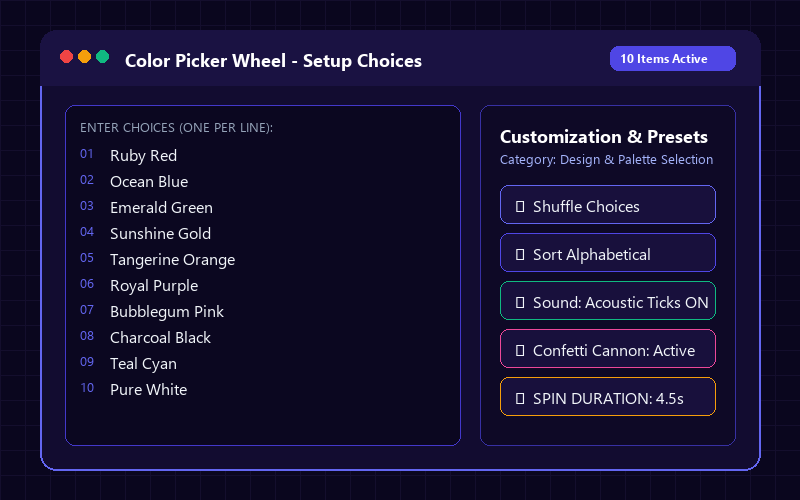 Entering names in Color Picker Wheel