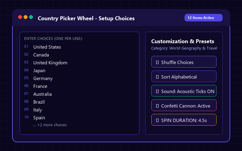 Entering names in Country Picker Wheel