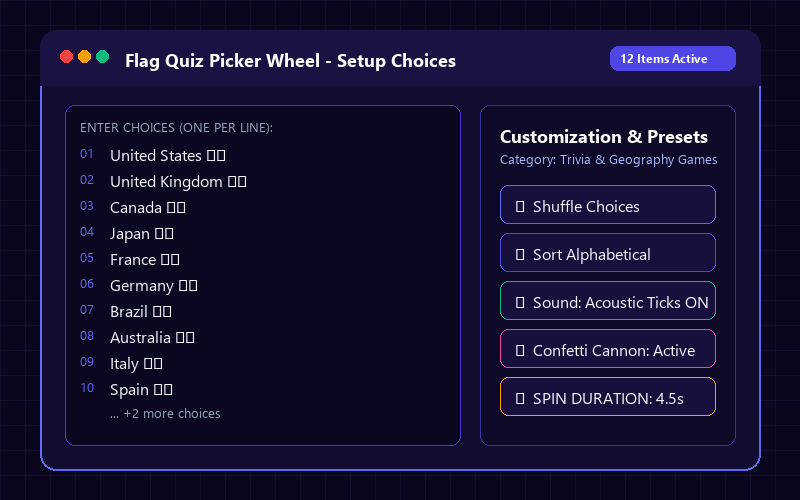 Entering names in Flag Quiz Picker Wheel