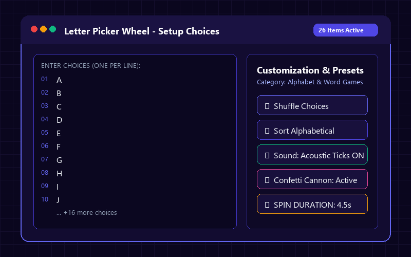 Entering names in Letter Picker Wheel