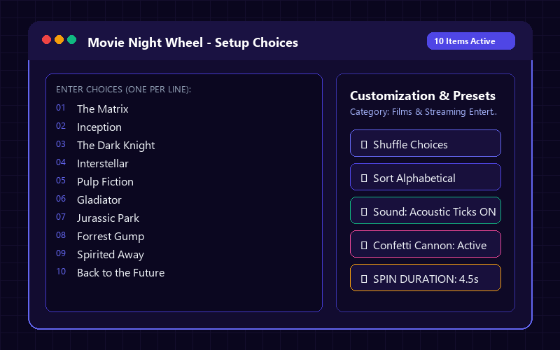 Entering names in Movie Night Wheel