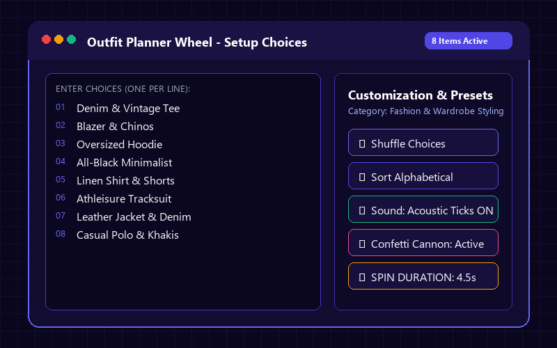 Entering names in Outfit Planner Wheel