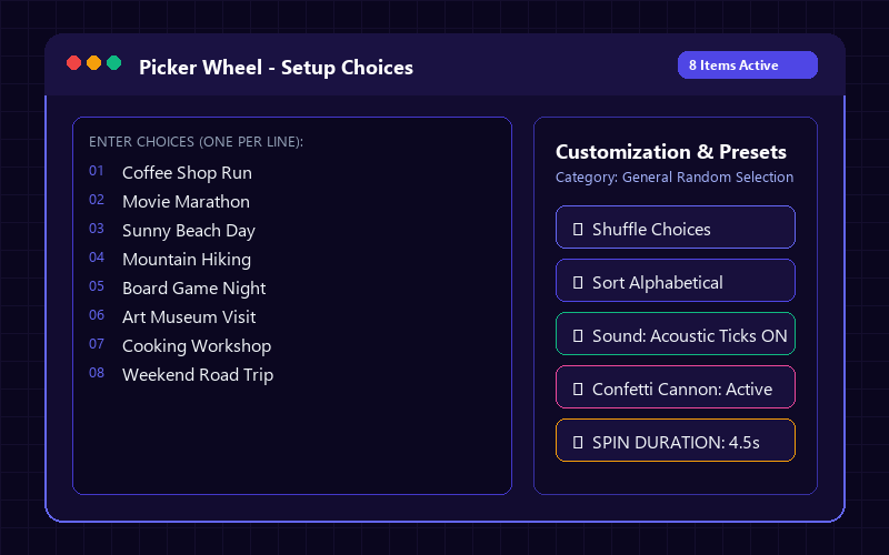 Entering names in Picker Wheel