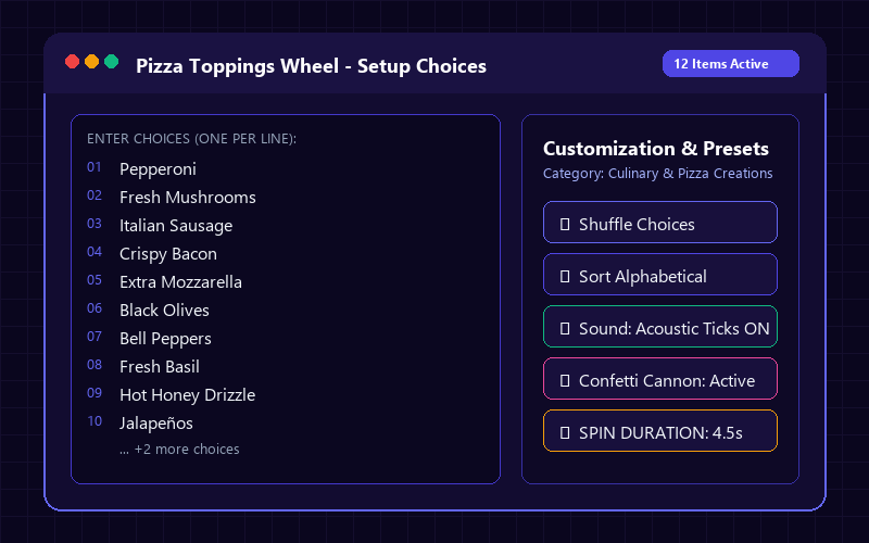 Entering names in Pizza Toppings Wheel