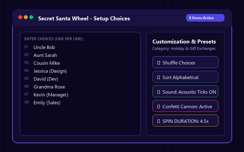 Entering names in Secret Santa Wheel
