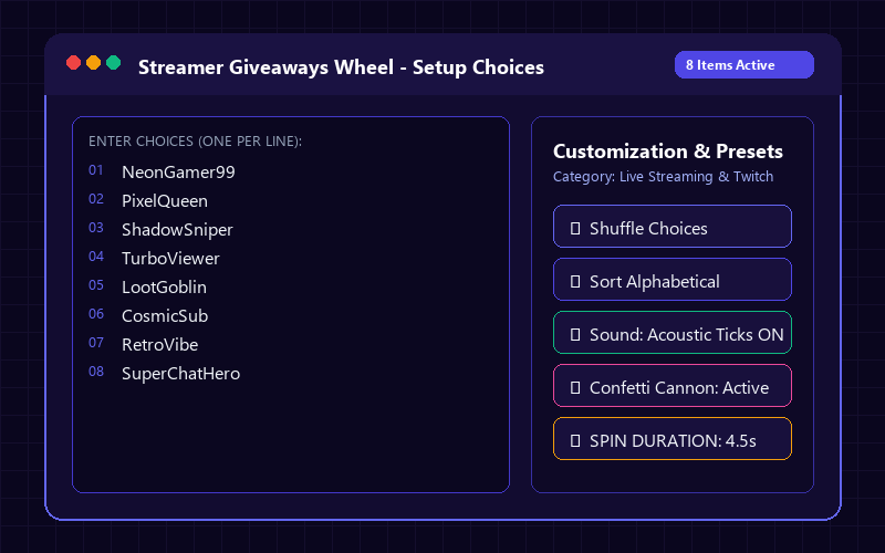 Entering names in Streamer Giveaways Wheel