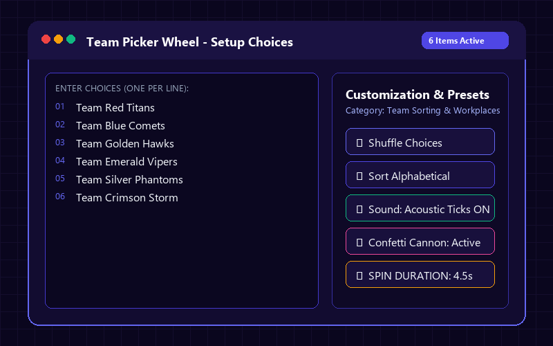 Entering names in Team Picker Wheel