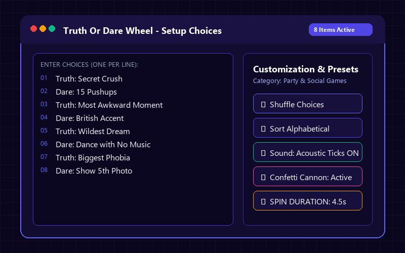 Entering names in Truth Or Dare Wheel